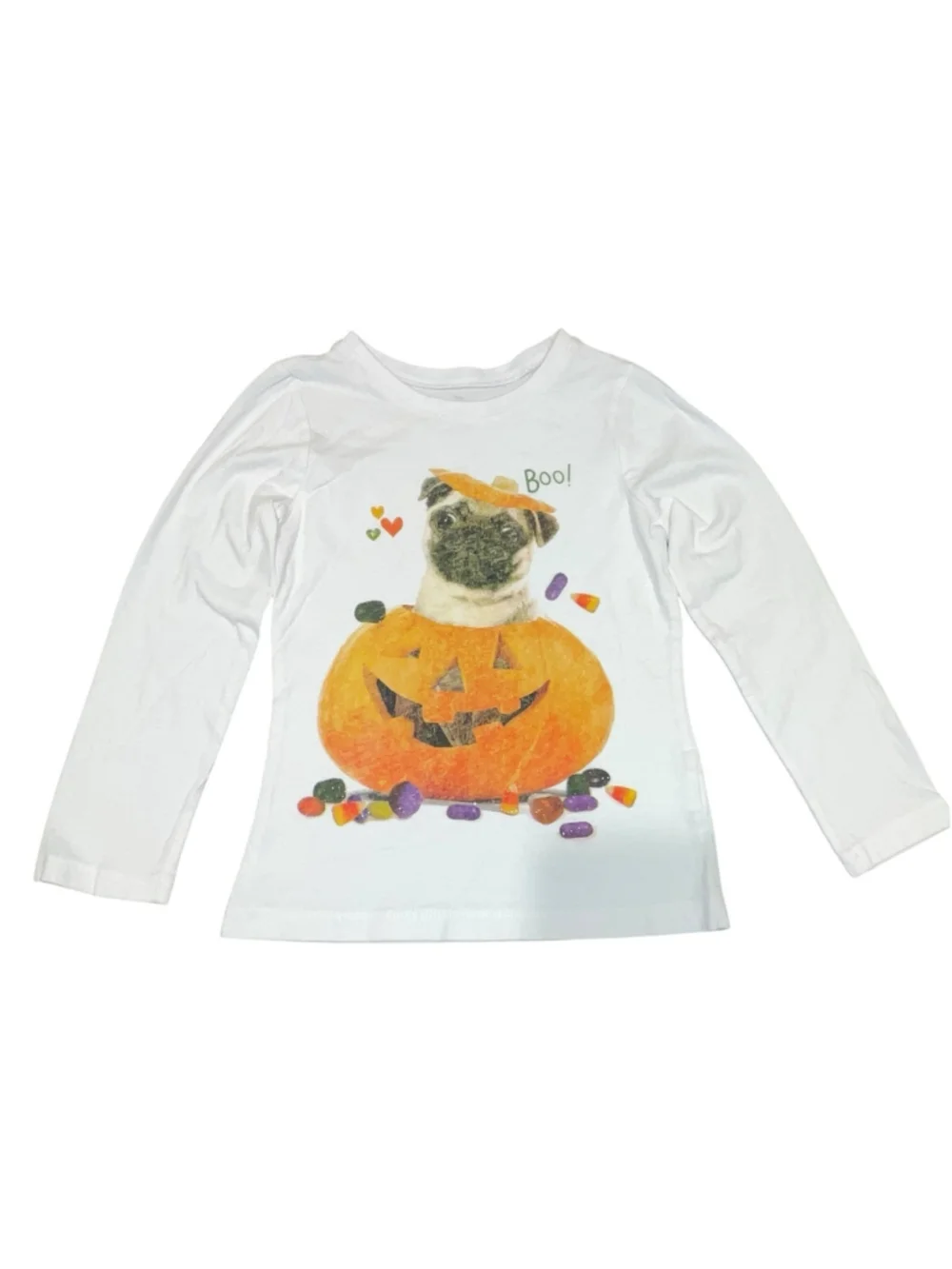 The Children’s Place Pug In A Pumpkin Halloween T Shirt Top Candy Corn Sz S 5/6